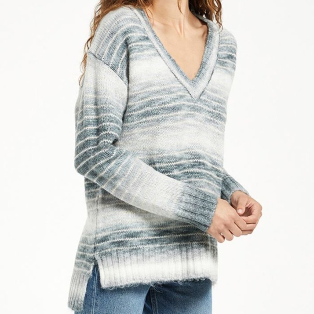 Z Supply Women’s Stripe V-Neck Sweater Indigo Blue Small
